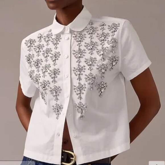 J. Crew Tops - J. Crew Collection Cropped Button Up Top with Gemstone Embellishments White Sz 8